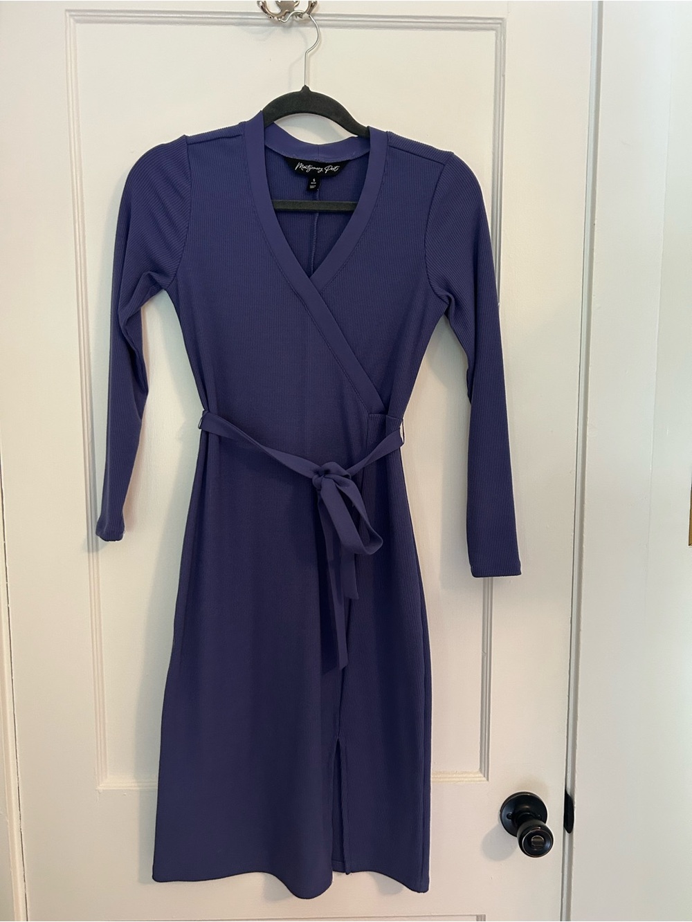 Montgomery Post for Stitch Fix Urla Purple Faux Wrap knit dress Small Petite